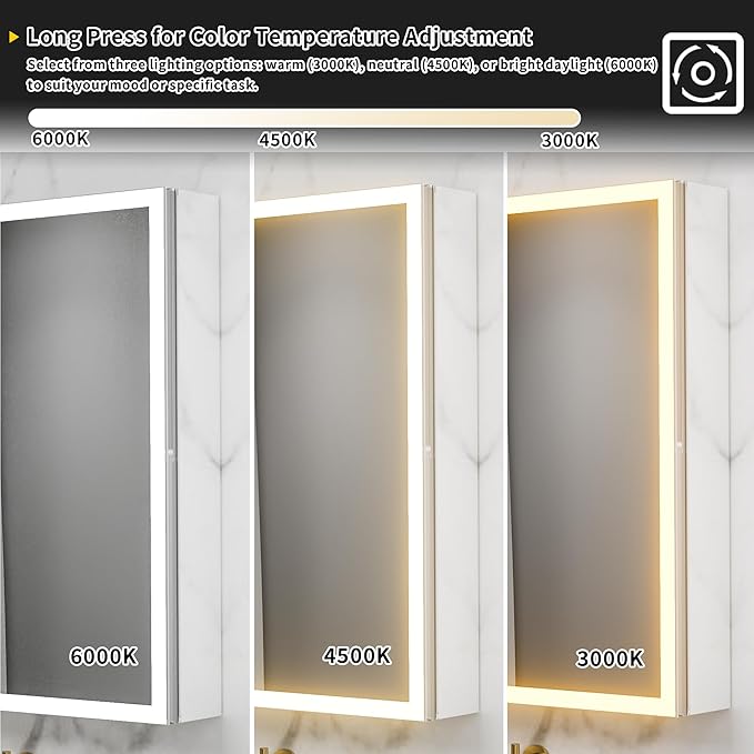 GroGro Lighted Medicine Cabinet with Mirror and Storage,24" W x 30" H LED Bathroom Medicine Cabinet with Mirror,Surface or Recessed Mounting,Defog,Dimming,3-Color Temperature,Right Opening Door