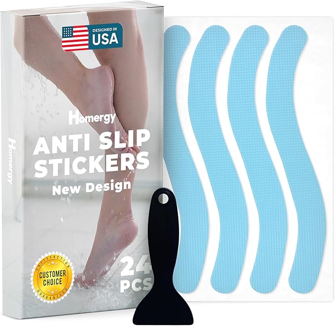 Anti-Slip Shower Stickers - Help Reduce Slipping in Bathtub & Shower, Blue Non-Slip Bath Strips, Strong Adhesive Bathtub Appliques Suitable for Homes with Kids, Adults & Seniors - 24 Pcs - Homergy