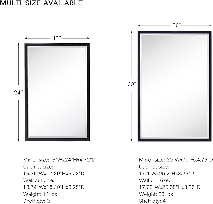 TEHOME Black Metal Framed Recessed Bathroom Medicine Cabinet with Mirror Rectangle Beveled Vanity Mirrors for Wall 16 x 24 inches