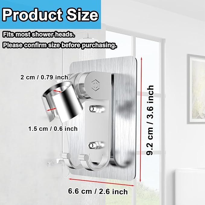 Shower Head Holder,Adjustable Handheld Shower Wand Holder with 2 Hanger Hooks,Strong Adhesive Shower Holder Wall Mount Bracket,Shower Bracket Holder for Home,Bathroom,No Drilling Need