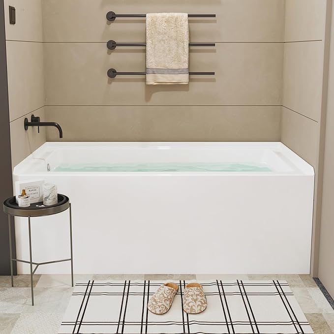 60x32 Inch Acrylic Bathtub, Single Apron Alcove Soaking Tub with Left-Side Overflow & Drain, Space-Saving Built-In Design, Easy Install for Modern Bathrooms