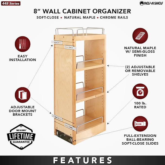 Rev-A-Shelf 8" Pull Out Shelf Organizer for Kitchen and Bathroom Cabinets, Wooden Slide Out Spice or Medicine Rack w/Soft-Close, 448-BBSCWC-8C