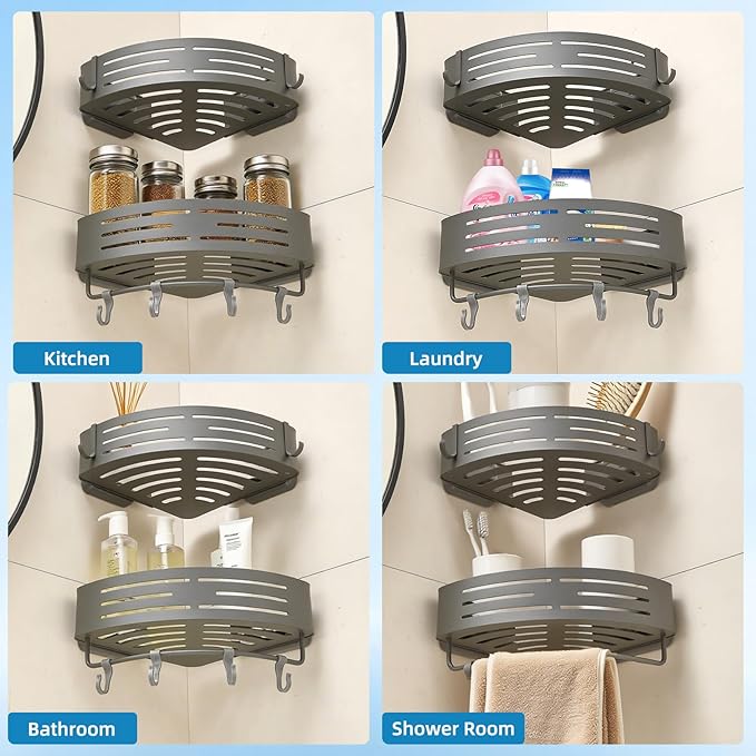 Suction Cup Shower Caddy Corner, Shower Storage Rack With Large Capacity, No Drilling Suction Shelves Space-Saving Shower Organizer with Towel Bar Hooks for Bathroom & Home Decor(2pcs, Gray)
