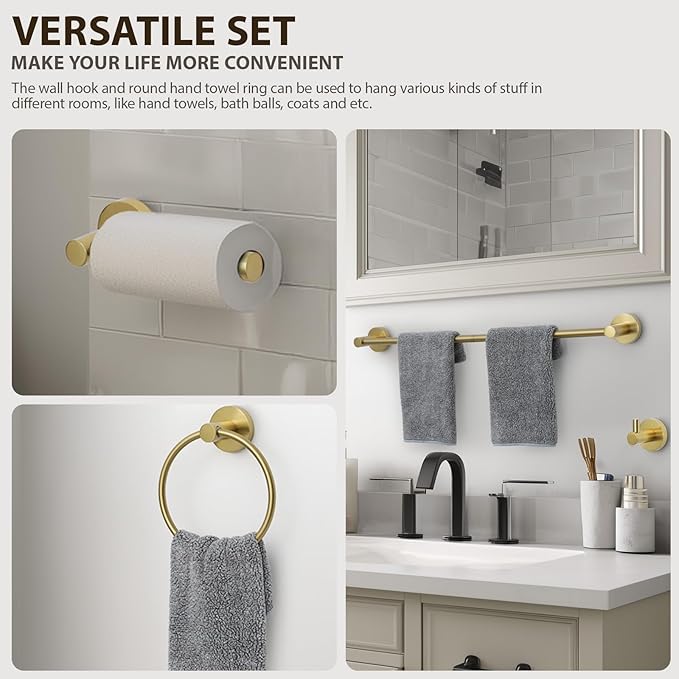 Brushed Gold Bathroom Hardware Set 4 Piece Towel bar Set,Towel Rack for Bathroom Wall Mounted Adjustable Expandable 24 inch Towel Holder Robe Hook Towel Ring Toilet Paper Holder