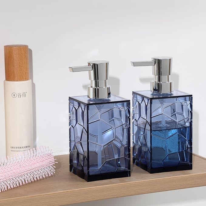 Hand Soap Dispenser, Clear Acrylic Plastic Liquid Pump Bottles Refillable Lotion Dispenser for Bathroom Decor Kitchen College Dorm, Blue