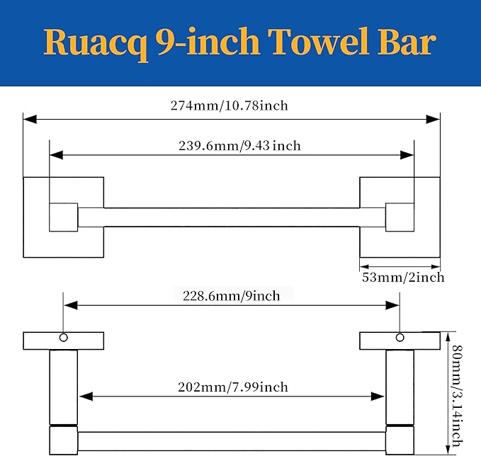 RUACQ Hand Towel Holder, 9-inch Hand Towel Bar, Square Base Towel Ring, 304 Stainless Steel Towel Rack for Bathroom, Wall Mounted (Brushed Nickel)
