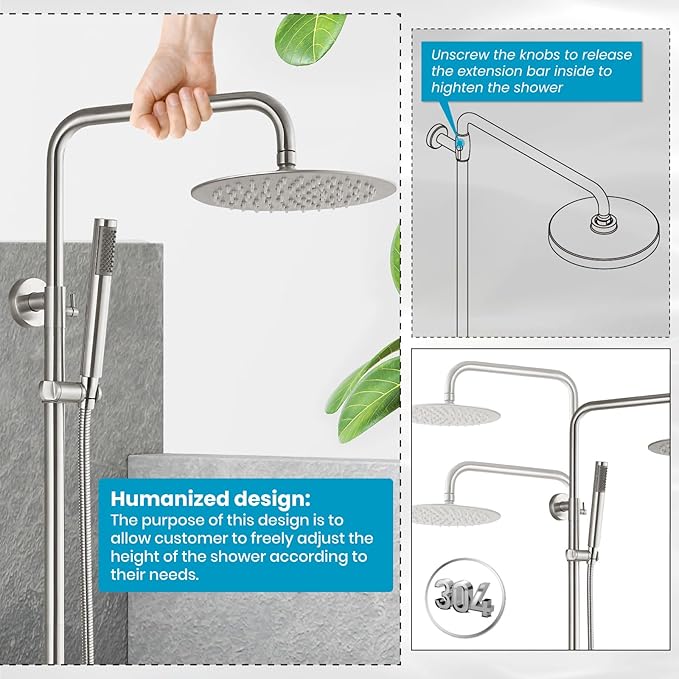 gotonovo Outdoor Shower Fixtures SUS304 Stainless Steel Rain Shower Kit Faucet High Pressure Wall Mount 2 Dual Function 8 Inch Showerhead and Handheld Spray Combo, Single Handle, Brushed Nickel