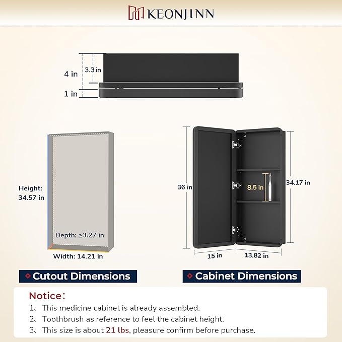 Keonjinn 15 x 36 Inch Black Slim Medicine Cabinets, Narrow Bathroom Medicine Cabinet with Mirror, Stainless Steel Framed, Adjustable Shelves, Recessed or Wall Mount, Soft Closing, Modern Farmhouse