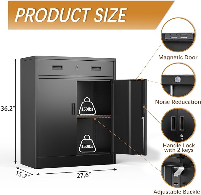 Metal Storage Cabinet, 36 Inch Tall Metal Storage Cabinet with Doors and Shelves, Pantry Cabinets with Drawer for Kitchen Storage, Garage Cabinet for Living, Dining Room, Assemble Required.