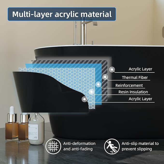 67 Inch Freestanding Bathtub, Acrylic Soaking Bathtub with Chrome Drain and Overflow, Standalone Ergonomic Tub for Bathroom Relaxation, Deep Design for Family and Guest Use, Black
