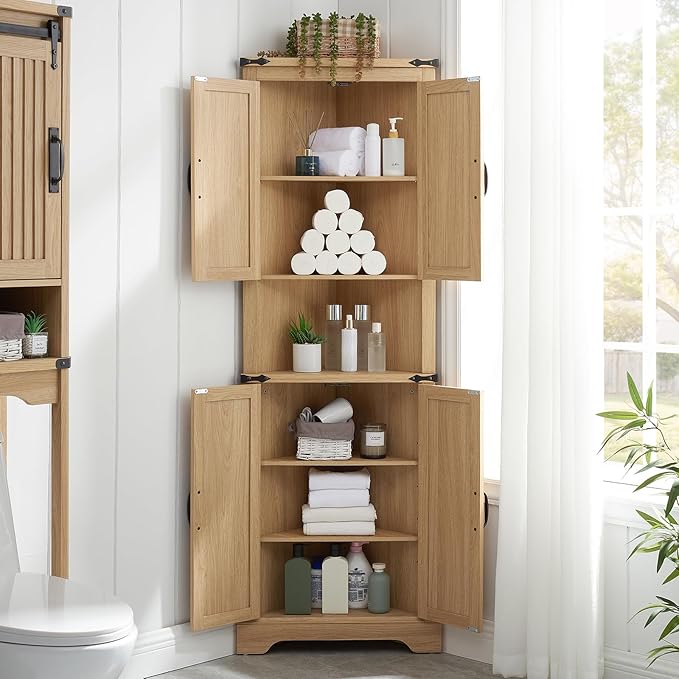 Tall Farmhouse Corner Cabinet with 4 Doors and Adjustable Shelves, Farmhouse Storage Cabinet with Barn Door Design, Home Space Saver for Living Room, Kitchen, Laundry Room (Natural Oak)
