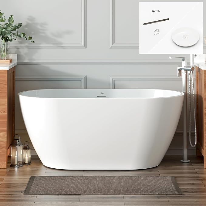 FerdY Bali 55" Freestanding Bathtub, Glossy White Freestanding soaking tub with Polished White Drain & Integrated Slotted Overflow, cUPC Certified