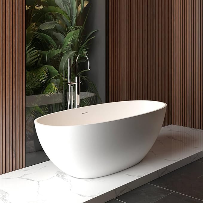 65 in Solid Surface Freestanding Bathtub, Contemporary Oval Shape Soaking Tub, Stone Resin Stand Alone Bathtub With Pop-Up Drain and Overflow, Cupc Certified,Matte White