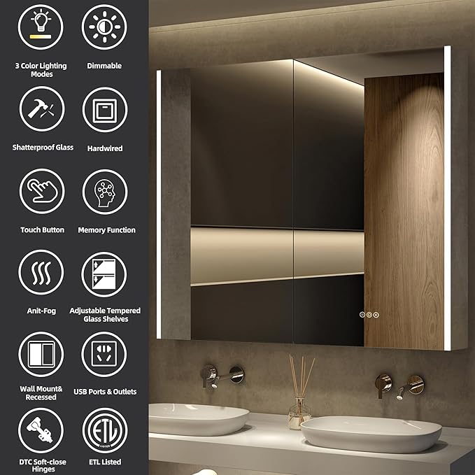 Medicine Cabinet with LED Lights and Mirror, 48 x 32 Inch Surface or Recessed Mounted Bathroom Cabinets with Door, Defogger, Memory Function, 3-Color Mode, Outlet&USB, Dimmer, Storage Shelf