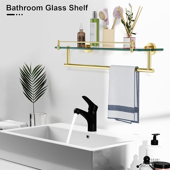 Towel Rack with Tempered Glass Shelf for Bathroom 20 Inch, Brushed Gold Floating Wall Mount Storage