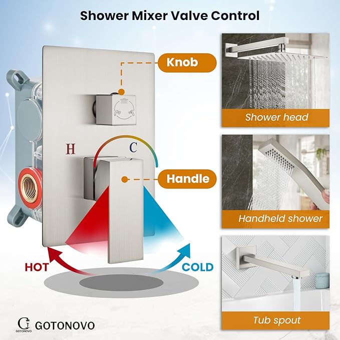 gotonovo Shower System with Tub Spout Wall Mounted Rain Shower Head and Handle Combo Shower Faucet Set with Valve, 12 Inch, Brushed Nickel