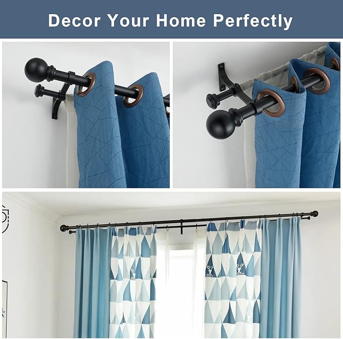 Double Curtain Rod 48 to 84 inch, Adjustable 1 inch Double Drapery Rod Rods for Windows and Doors with Ball Round Finials and Premium Aluminum Brackets Set(48-84",Matte Black)