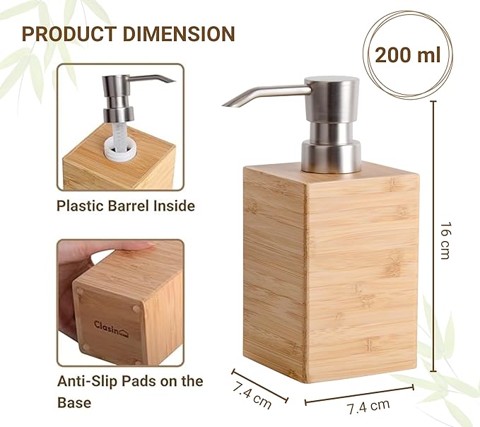 Bamboo Soap Dispenser with Anti-Slip Pads and Stylish Horizontal Wood Grain, Hand Dispenser for Bathroom, Kitchen, Dish, Lotion, Shampoo, Liquid Soap (7 Oz)