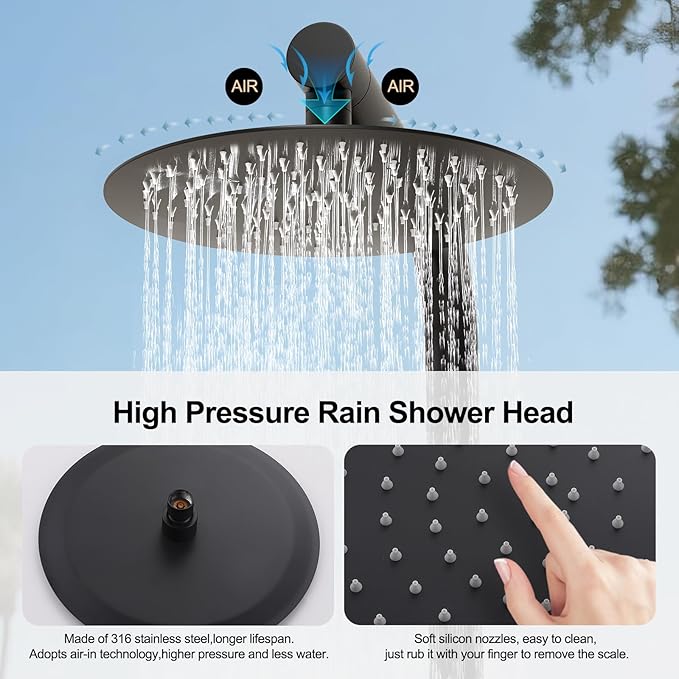 RBROHANT Freestanding Outdoor Shower Black, 316 Marine Grade Stainless Steel Beach Shower, Free Standing Hot and Cold Water Pool Shower with 10’’ Rain Shower Head and Wand, Matte Black, Floor Mounted