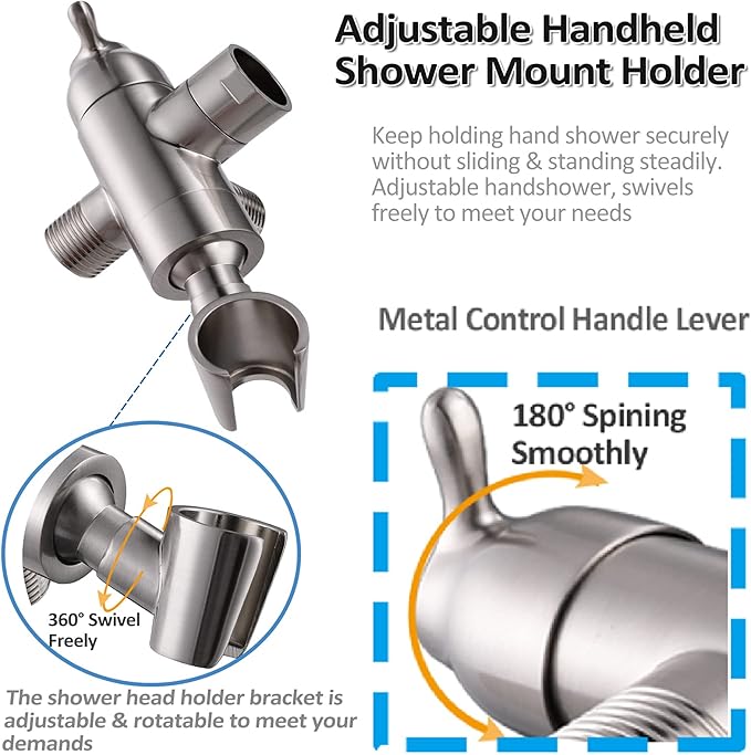 Shower Arm Diverter with Handshower Mount, G1/2 Brass Shower Diverter Valve Bathroom Universal Shower System Replacement for Handheld Shower and Fixed Shower Head, Brushed Nickel