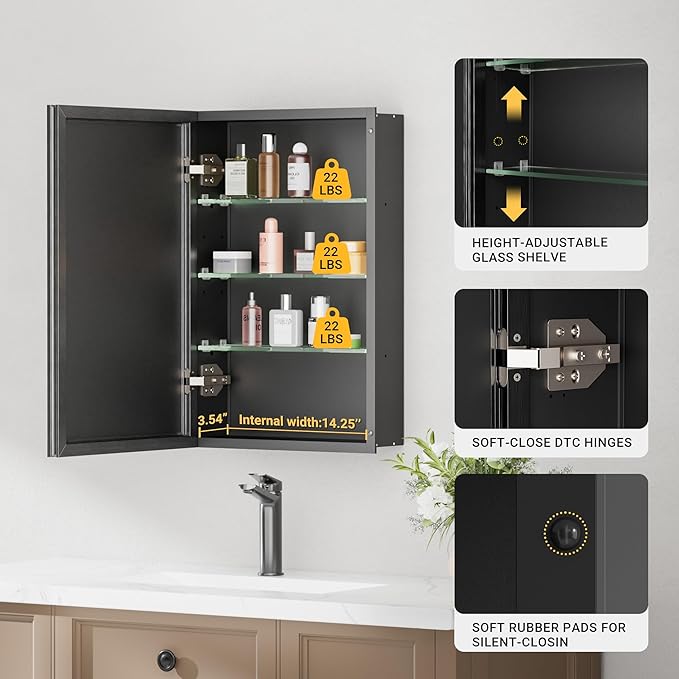 16x24 Pre-Assembled Black Medicine Cabinet with Mirror, Surface or Recessed Medicine Cabinet Mirror for Bathroom, Aluminum Beveled Frame Bathroom Vanity Mirror with Adjustable Shelves Storage