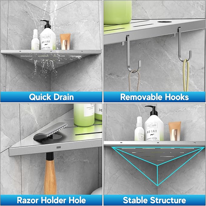 Corner Shower Shelves, 10" Silver 304 Stainless Steel Recessed Shelf for Bathroom，Grout in Shelf with Hooks for Tiled Wall 2 Pack (Silver)