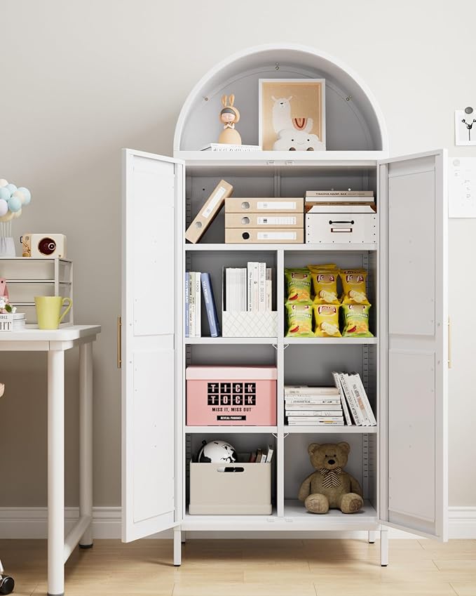Kitchen Pantry Cabinet, Metal Arched Storage Cabinet with Doors and Adjustable Shelves, Farmhouse Cupboard for Dining Room, Living Room, Bathroom(White