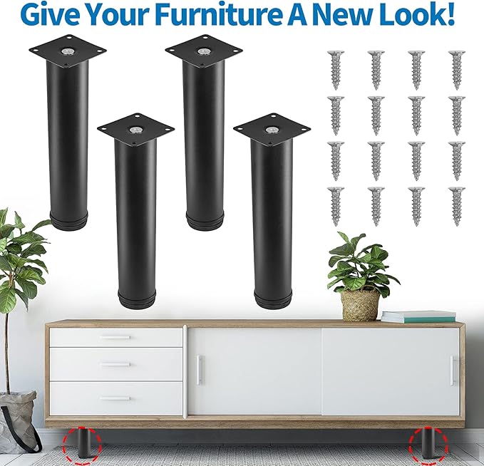 8 Inch Metal Furniture Legs Stainless Steel Adjustable Legs Black Metal Legs Round Cabinet Legs for Coffee Table Cabinet Desk Sofa Shelves, Pack of 4