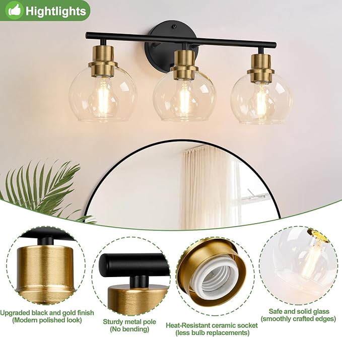 2025 Upgrade 3-Light Bathroom Light Fixtures, Black and Gold Bathroom Lights Over Mirror with Clear Glass Globe Shade, Vanity Lights for Bathroom Kitchen Living Room Hallway Cabinet Bedroom Porch