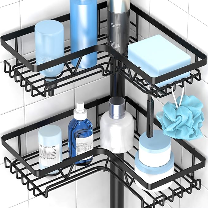 KEGII Corner Shower Caddy Standing – 4-Tier Shower Shelf Organizer with Hooks & Soap Holder, Free-Standing Bathroom Storage Rack for Shampoo & Toiletries, Black