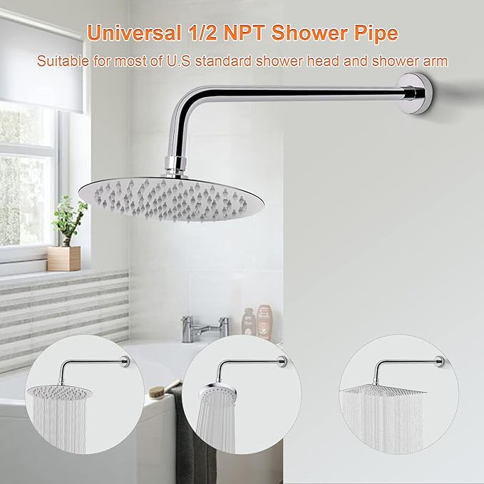 HarJue Shower Arm with Flange and Teflon Tape, Wall Mounted Shower Pipe 304 Stainless Steel Extension Arm for Fixed Shower Head & Handheld (15 Inch, Chrome)
