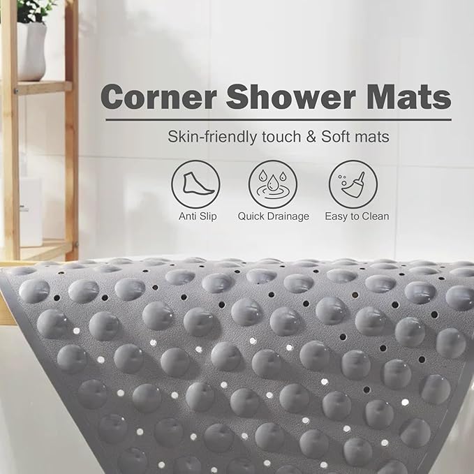 Mrcrypos Corner Shower Mats 31 x 31 Inches Bath Mat with Suction Cups and Drain Holes, Quick Dry Anti Slip Bathmat Machine Washable Shower Stall Mats for Bathroom, Gray