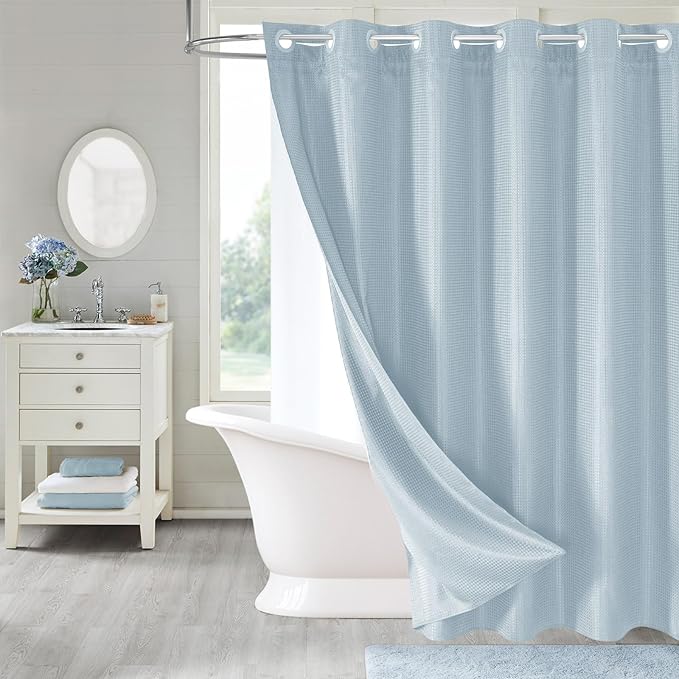 MitoVilla No Hooks Needed Extra Long Shower Curtain Liner Set, Blue 86 inch XL Heavyweight Waffle Fabric Cloth Shower Curtains Set with Snap-in Liner for Modern Luxury Hotel & Spa Bathroom Decor
