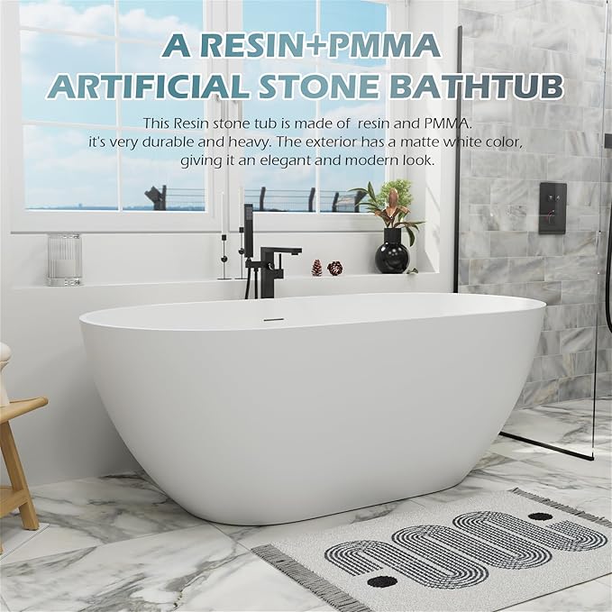 GIVINGTREE 59'' Freestanding Solid Surface Resin Stone Bathtub, Contemporary Design Stand Alone Tub with Pop-up Drain and Overflow, cUPC Certified, Matte White