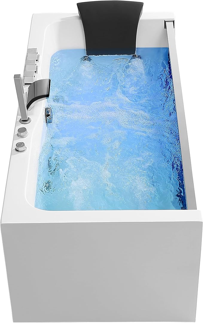 Empava 59 in. Acrylic Alcove Whirlpool Bathtub - Hydromassage Rectangular Jetted Soaking Tub with Center Drain - Waterfall Faucet