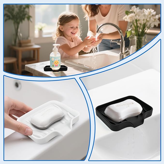 3 Pack Silicone Soap Dish with Drain - Bar Soap Holder for Shower, Bathroom and Kitchen Sink Organize (2Pack Black + 1Pack White)