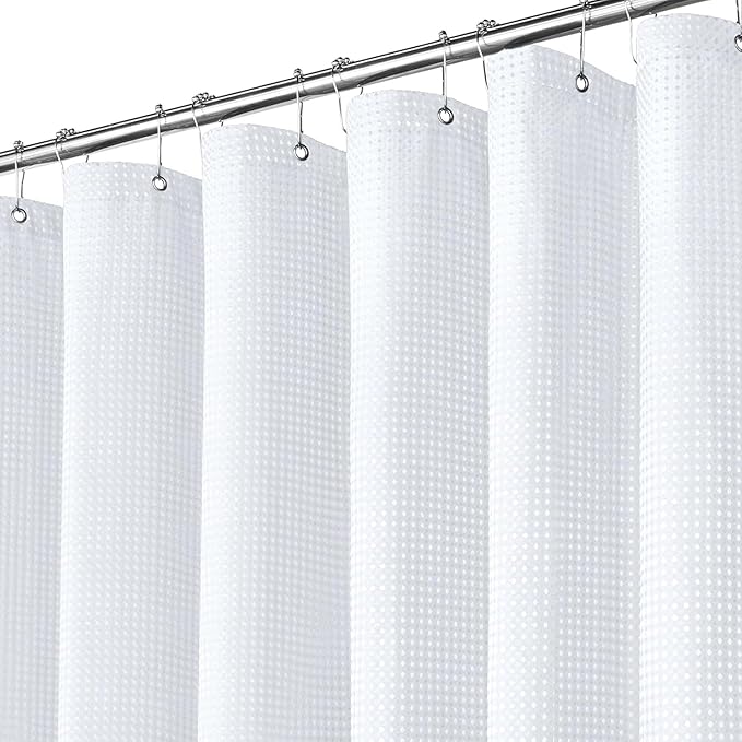 Inhousolu Fabric Shower Curtain Waffle Weave, 230 GSM Heavy Duty, Weighted Hem, 14 Metal Hooks, Water Repellent, Machine Washable, Hotel Spa Luxury Bath Curtain Set, 72 x 78 Inch, White