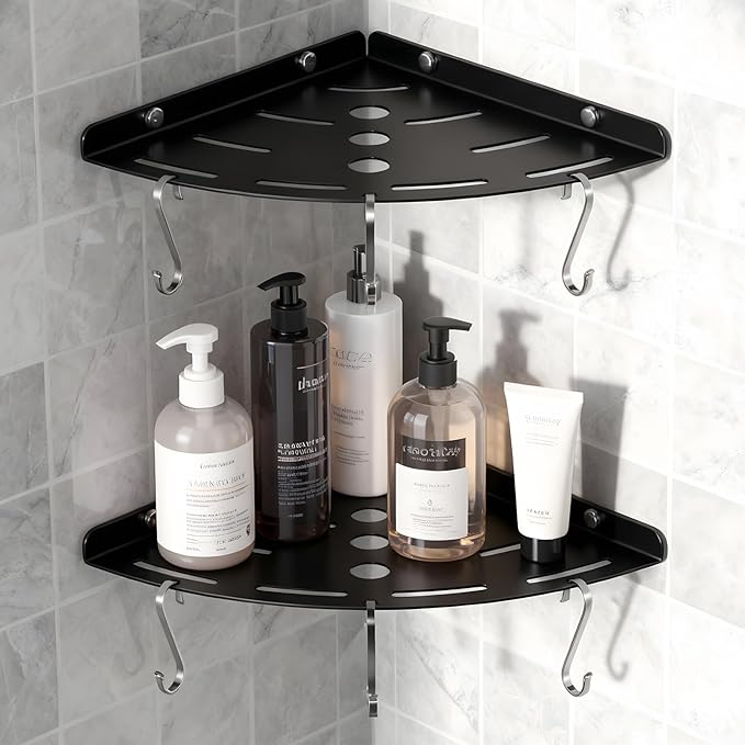 Shower Corner Shelf 304 Stainless Steel Shower Caddy 2 Tier Shower Organizer Niche with Extra 6 Hangers Shelves 40 lbs Large Capacity Shower Shelf for Inside Anti-Rust Drilling Installation(Black)