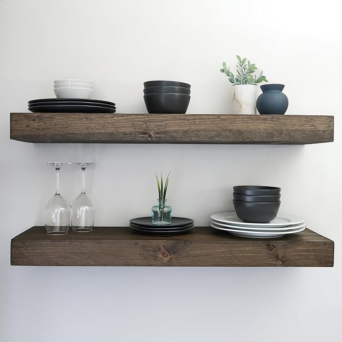 Urbandi Modern Floating Shelves 3 Inches Thick for Wall, Wide Shelves for Kitchen, Living Room, Bedroom, and Bathroom, Natural Pine Wood, Rustic Wooden Shelf, (Set of 2) (Jacobean, 24Lx3Hx8D)