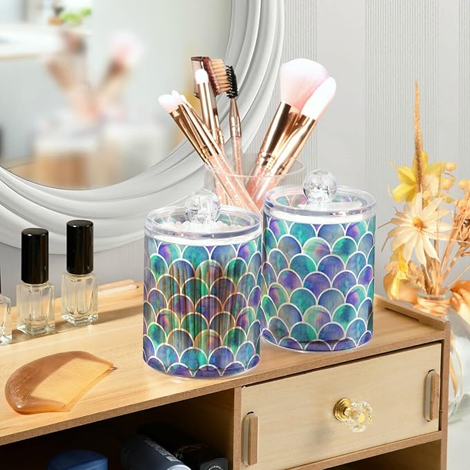 MNSRUU 2 Pack Qtip Holder Organizer Dispenser Watercolor Rainbow Scales Of Mermaid Bathroom Storage Canister Cotton Ball Holder Bathroom Containers for Cotton Swabs/Pads/Floss