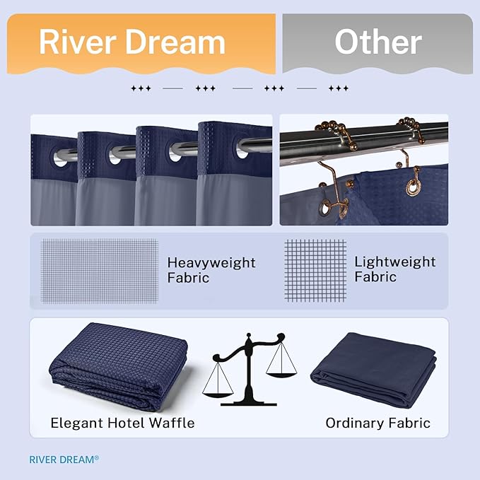 River Dream Heavyweight No Hooks Required Dotted Waffle Weave Shower Curtain with Snap in Liner -Extra Long 71W x 86H,Hotel Grade,Spa Like Bath Curtain,Navy