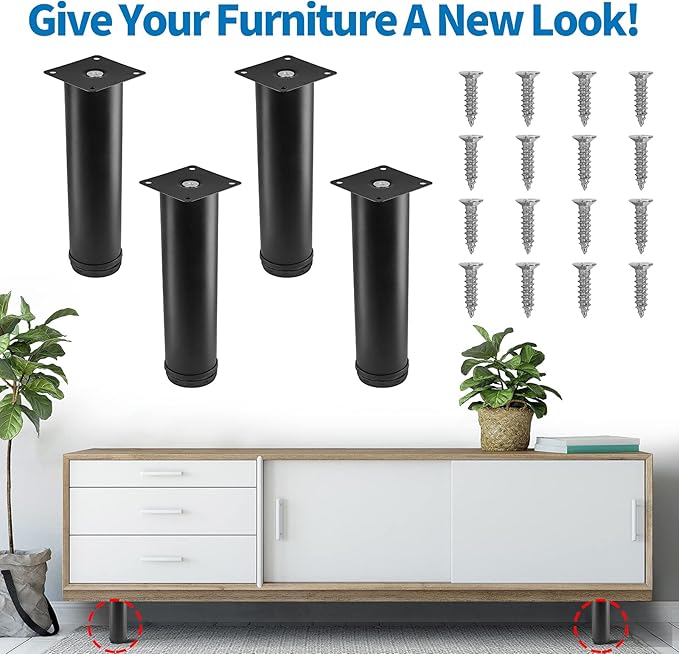 6 Inch Metal Furniture Legs Stainless Steel Adjustable Legs Black Metal Legs Round Cabinet Legs for Coffee Table Cabinet Desk Sofa Shelves, Pack of 4