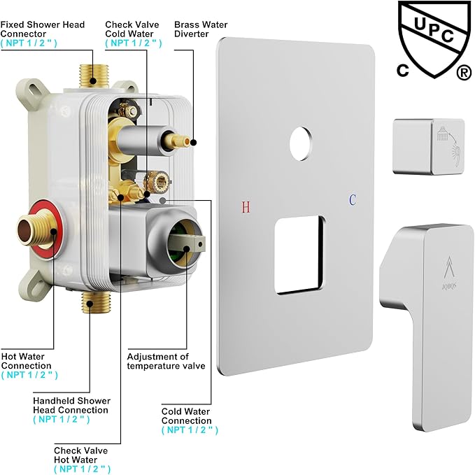 Shower System Modern Rain Brass Faucet Set With Valve and Diverter Shower Mixer With Handheld High Pressure Square Rainfall Shower Valve (12'' Wall Mount, Chrome Polished)