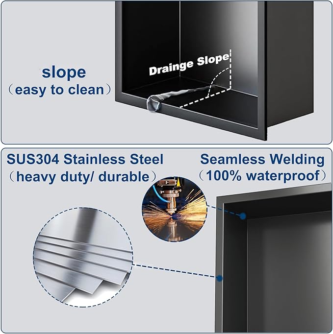 Neodrain Shower Niche, Insert Bathroom Storage Shower Shelf, Stainless Steel Recessed Wall Niche No Tiled Recessed Cabinet Waterproof for Shower Storage（36" X 12"，Matte Black ）