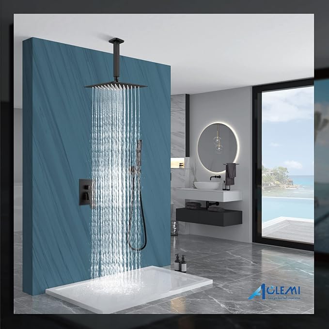 Aolemi Ceiling Mount Shower System Rain Shower Head with Handheld Spray High Pressure Shower Faucet Set Rough-in Valve Shower Trim Kit Included Bathroom Oil Rubbed Bronze 12 Inch Ceiling Shower Head