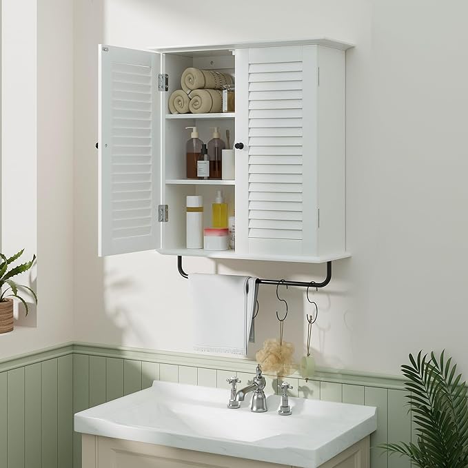 White Wall Mounted Cabinet, Over the Toilet Storage Cabinet, Wooden Wall Cabinet with 2 Doors & Hooks, White Wall Cabinet, Medicine Cabinet Organizer, Storage Cabinets Over Toilet Livingroom Kichen