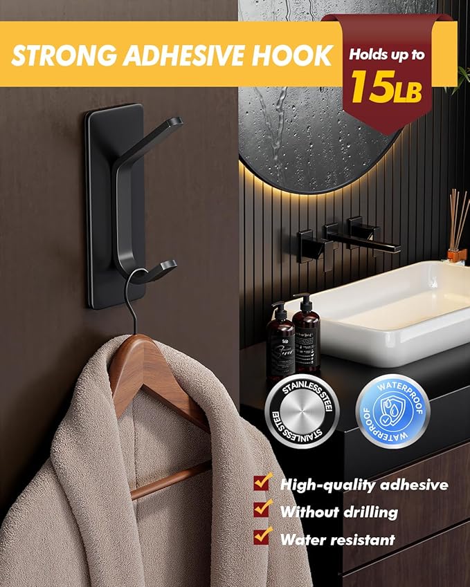 Auxmir Self Adhesive Hooks for Hanging 15lb, Stainless Steel Wall Hooks for Coat and Towel, Waterproof Oilproof Rustproof Adehesive Door Hanger for Bathroom Shower Kitchen Office RV, Black, 5 Pack
