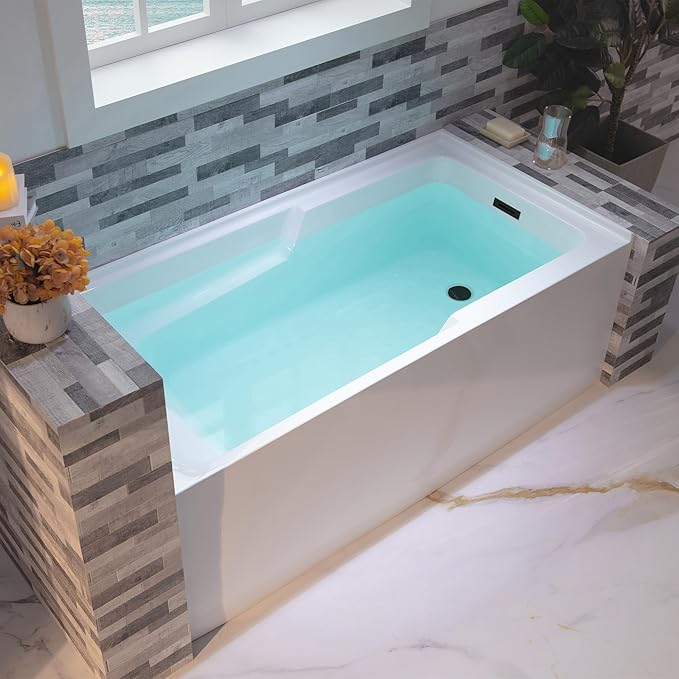 WOODBRIDGE 60" Acrylic Rectangular Alcove Soaking Bathtub in White with Right Drain, Oil Rubbed Bronze pop-UP Drain Included BA6030R
