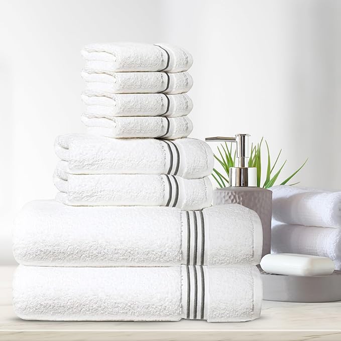 8-Piece Premium Towel Set, 2 Bath Towels, 2 Hand Towels, and 4 Wash Cloths, 100% Ring Spun Cotton Highly Absorbent Towels for Bathroom, Gym, Hotel, and Spa
