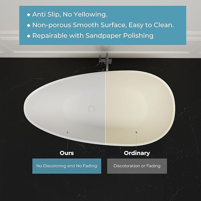 Premium 59" Solid Surface Freestanding Bathtub, Upgraded Oval Stone Resin Egg ShapeTub with Overflow and Pop-up Drain, Matte White